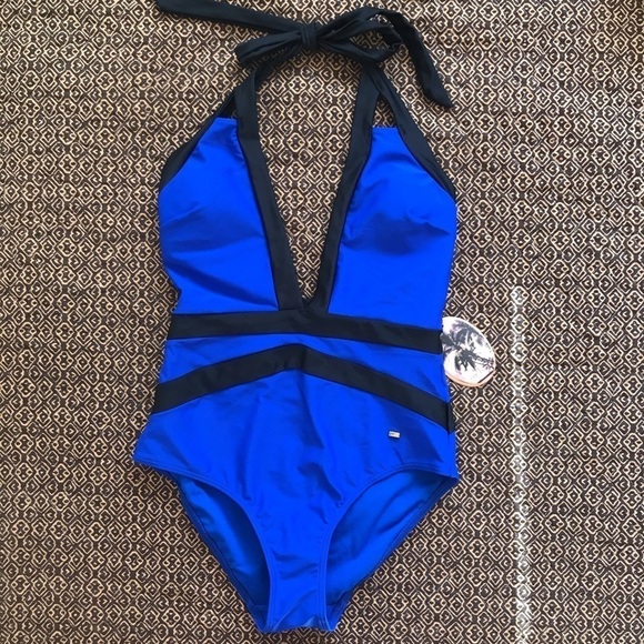 NEW NWT TED BAKER Ralinda halter one piece swimsuit size 12 cobalt blue plunge - Picture 1 of 10